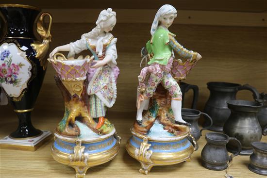 A pair of Paris porcelain figural bowls and a rolling pin